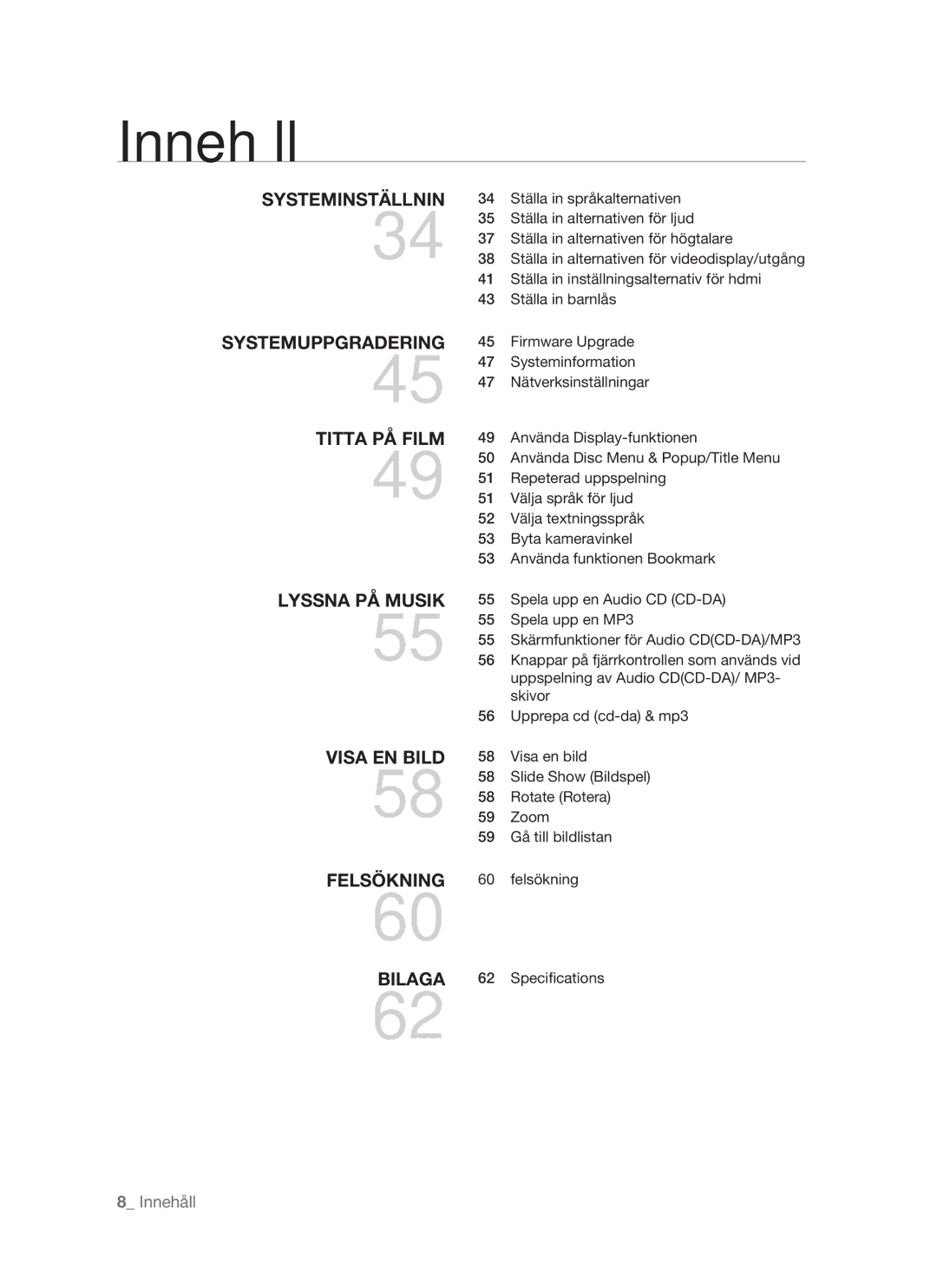 Samsung BD-P1400/XEE manual Innehåll 