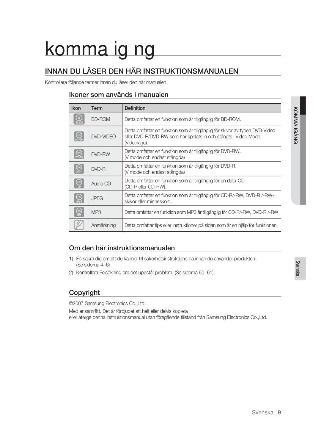 Samsung BD-P1400/XEE Komma igång, Innan DU Läser DEN HÄR Instruktionsmanualen, Ikoner som används i manualen, Copyright 