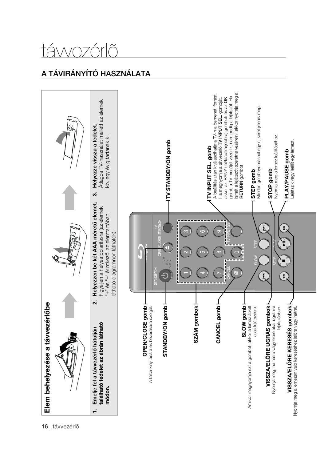 Samsung BD-P1400/XEG, BD-P1400/AUS manual Távvezérlõ, Távirányító Használata, Figyeljen a helyes polaritásra az elemek 