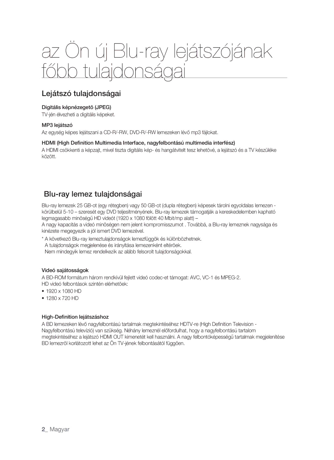 Samsung BD-P1400/XET, BD-P1400/XEG, BD-P1400/AUS, BD-P1400/XEH manual Az Ön új Blu-ray lejátszójának főbb tulajdonságai 