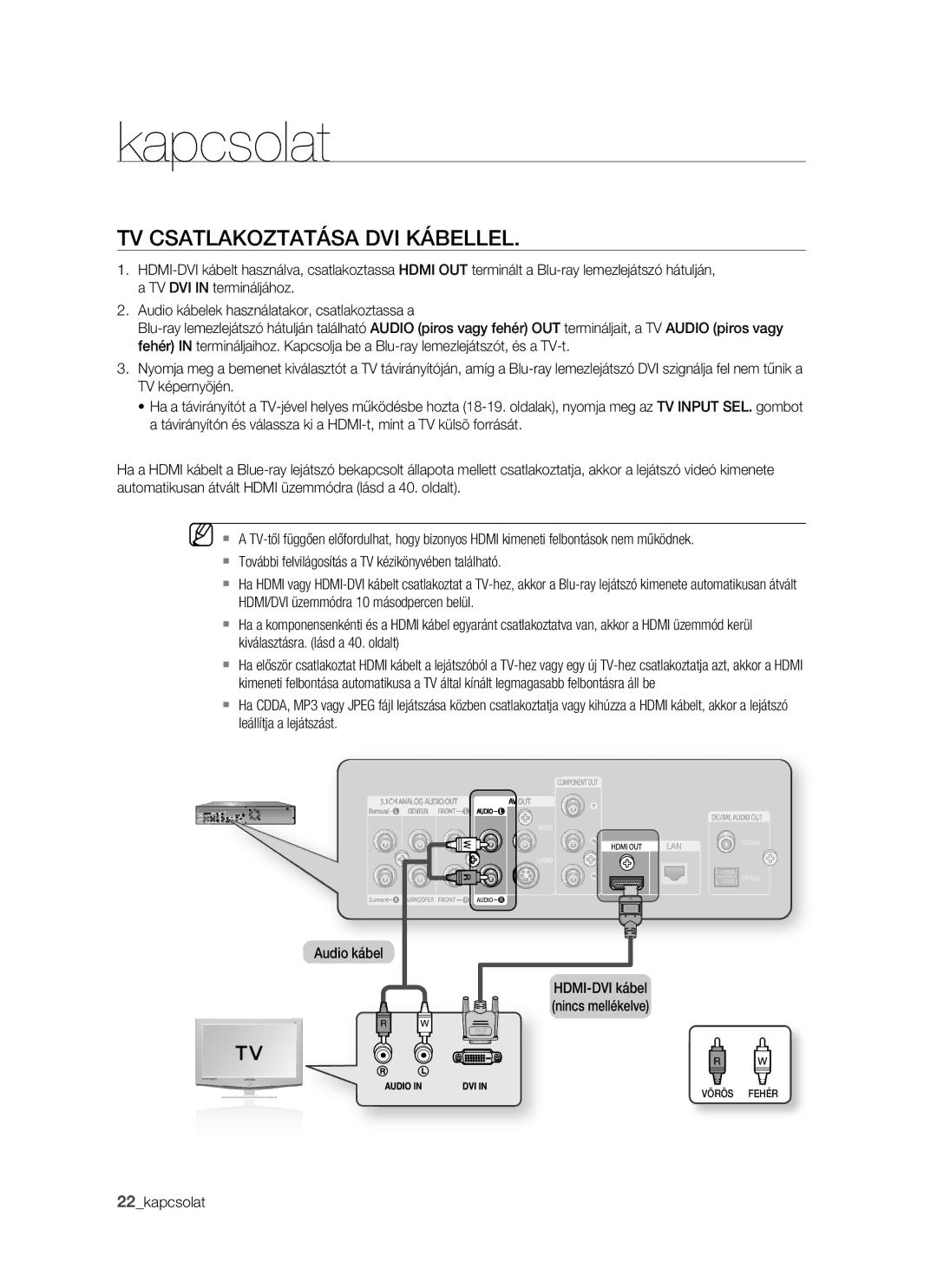 Samsung BD-P1400/XET, BD-P1400/XEG, BD-P1400/AUS, BD-P1400/XEH manual TV Csatlakoztatása DVI Kábellel, 22kapcsolat 