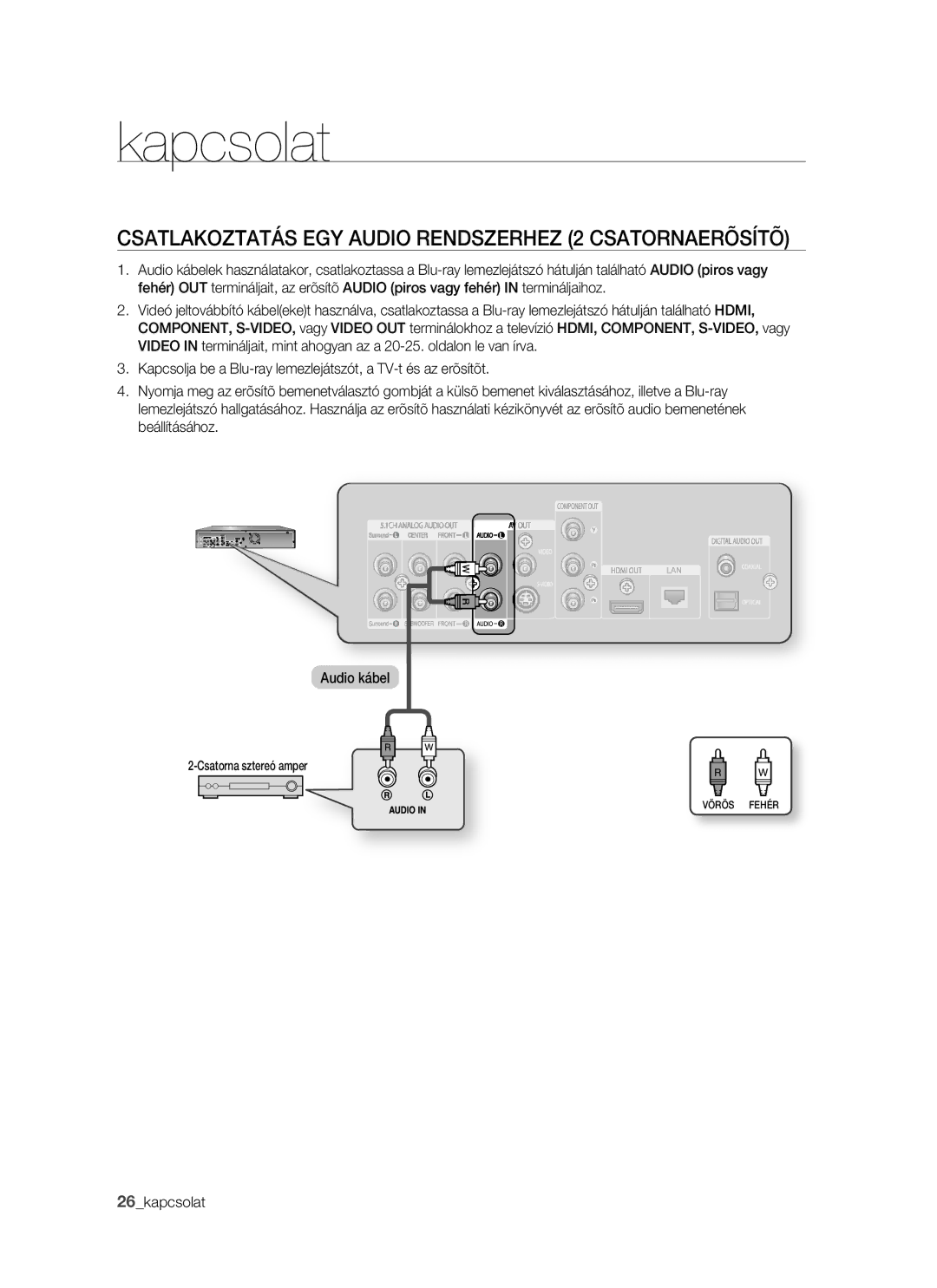 Samsung BD-P1400/XET, BD-P1400/XEG, BD-P1400/AUS manual Csatlakoztatás EGY Audio Rendszerhez 2 Csatornaerõsítõ, 26kapcsolat 