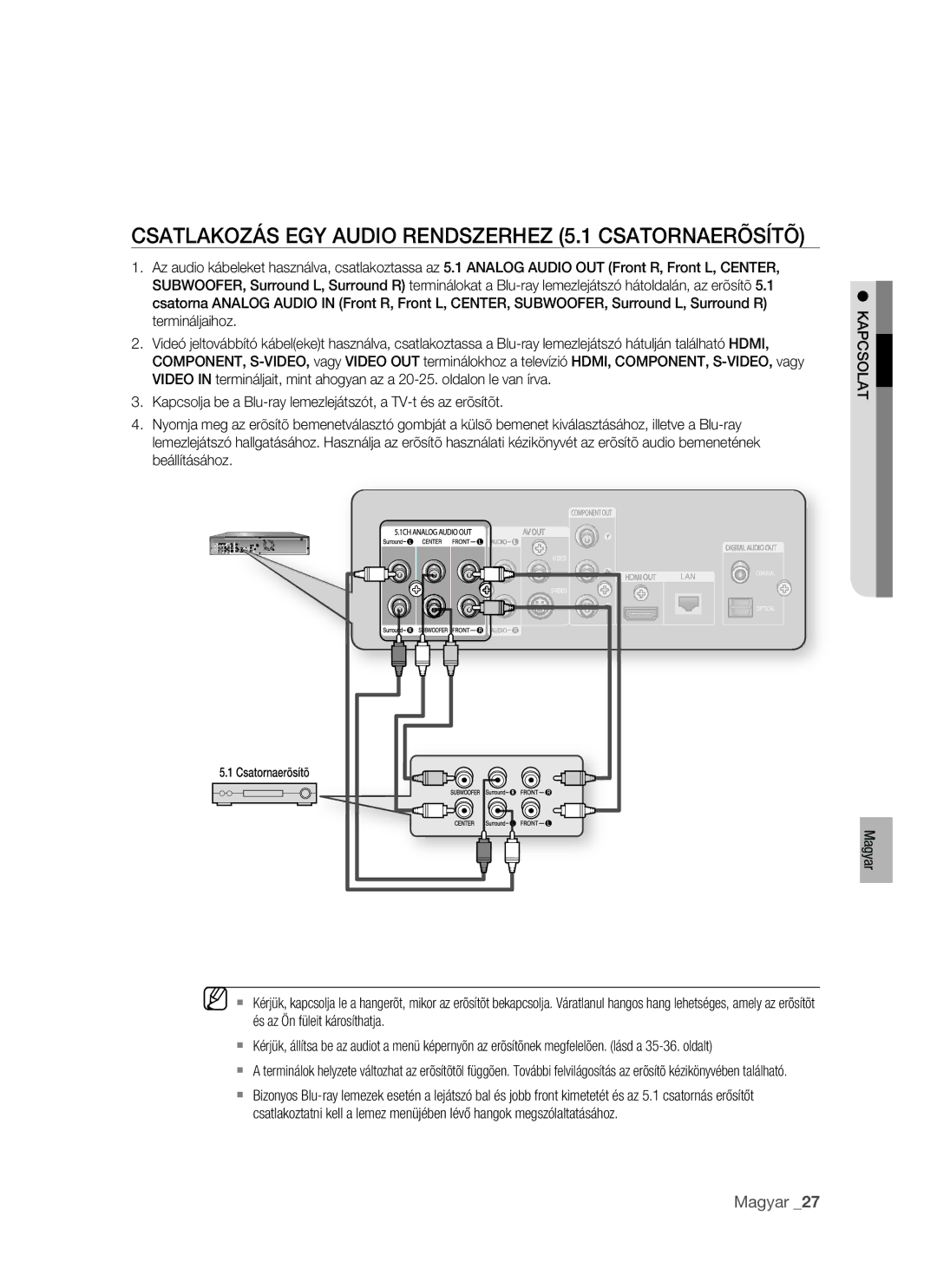 Samsung BD-P1400/XEH, BD-P1400/XEG, BD-P1400/AUS, BD-P1400/XET manual Csatlakozás EGY Audio Rendszerhez 5.1 Csatornaerõsítõ 