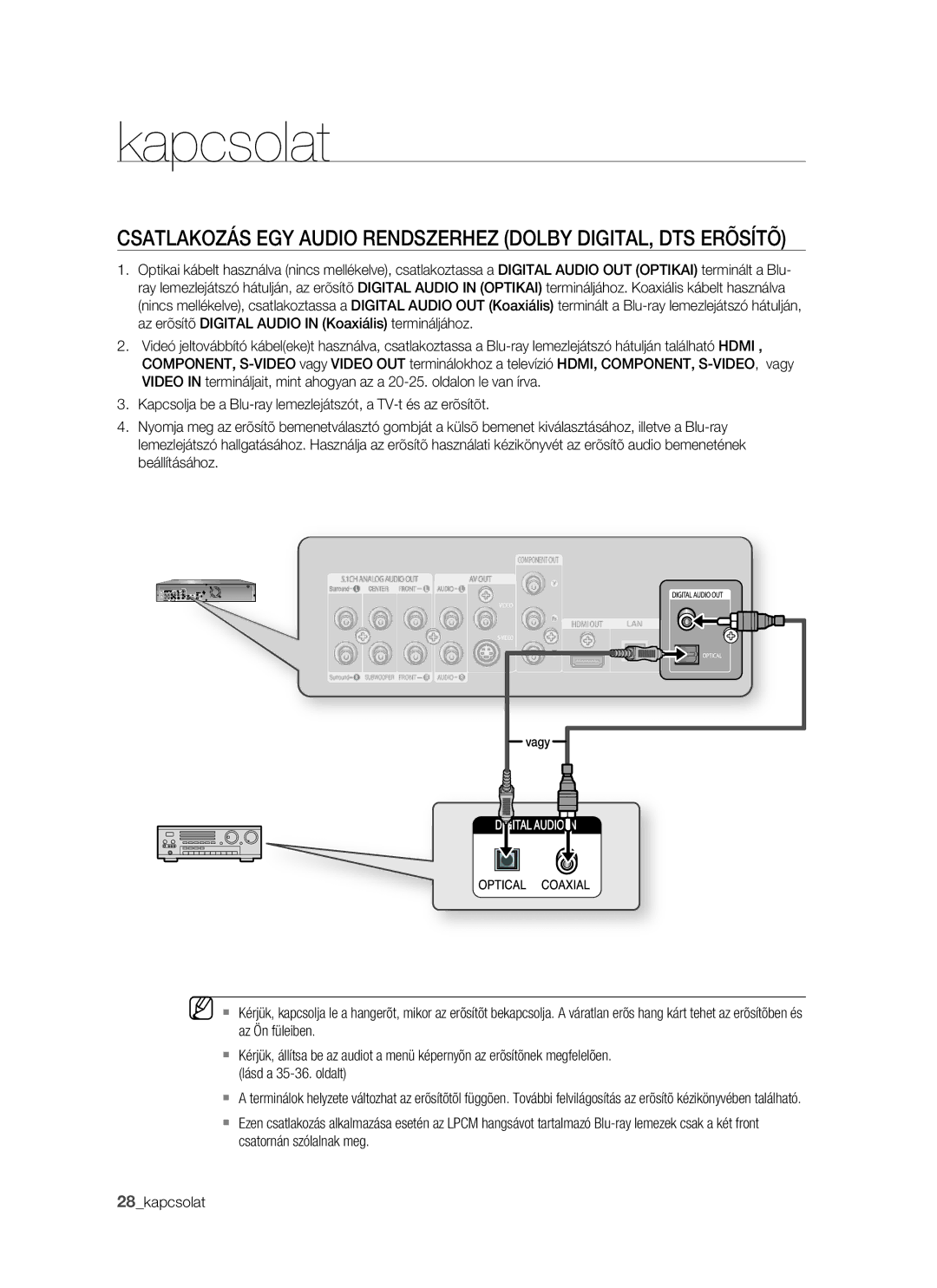 Samsung BD-P1400/XEG, BD-P1400/AUS, BD-P1400/XET, BD-P1400/XEH Csatlakozás EGY Audio Rendszerhez Dolby DIGITAL, DTS Erõsítõ 