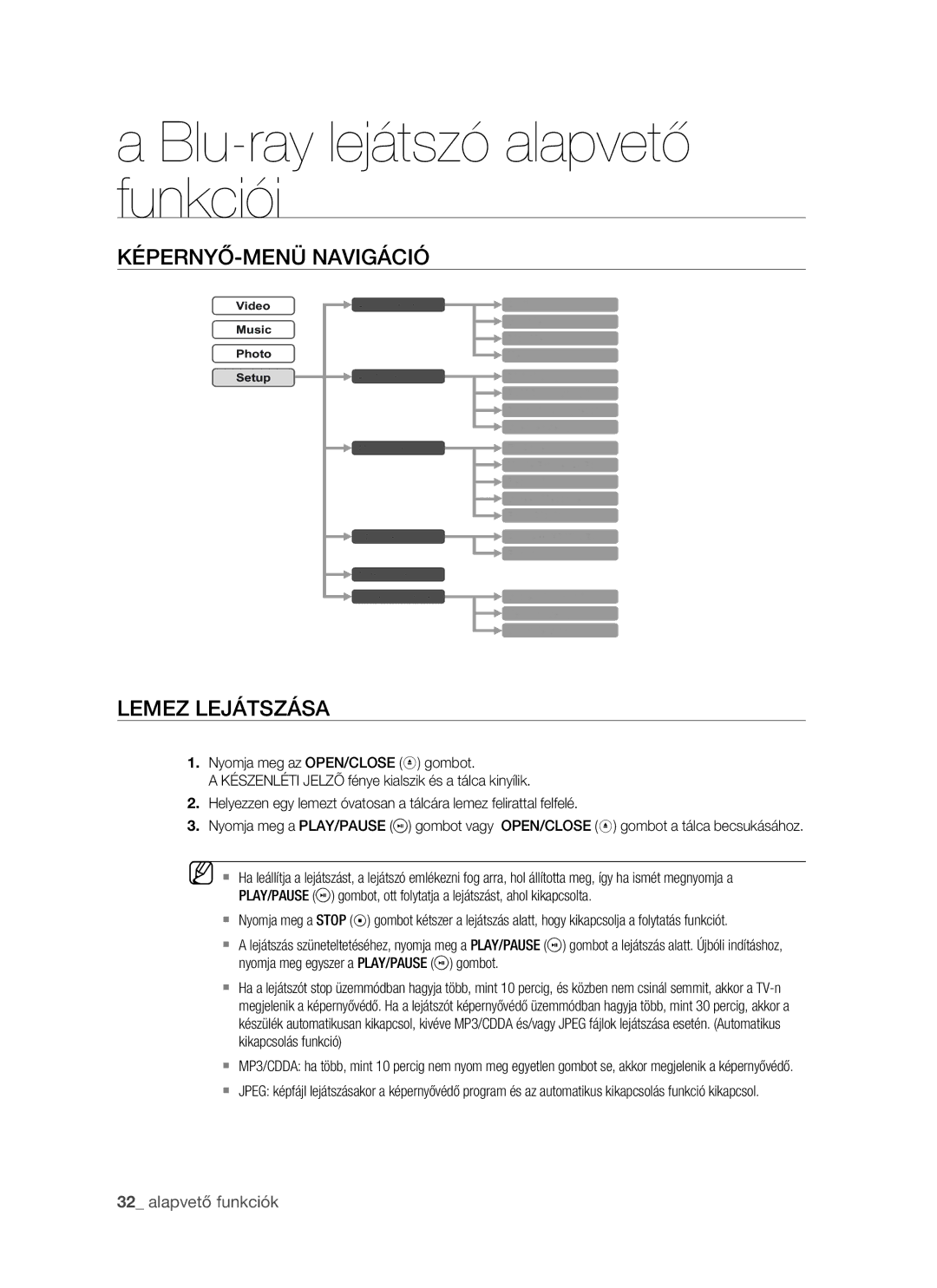 Samsung BD-P1400/XEG, BD-P1400/AUS, BD-P1400/XET, BD-P1400/XEH manual KÉPERNYŐ-MENÜ Navigáció, Lemez Lejátszása 