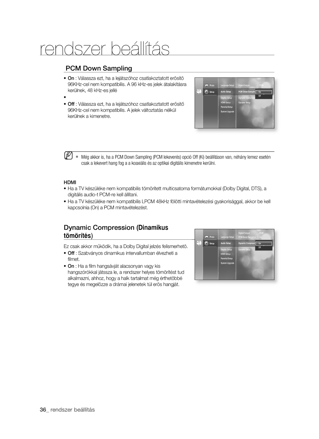 Samsung BD-P1400/XEG, BD-P1400/AUS, BD-P1400/XET, BD-P1400/XEH manual PCM Down Sampling, Dynamic Compression Dinamikus, Hdmi 