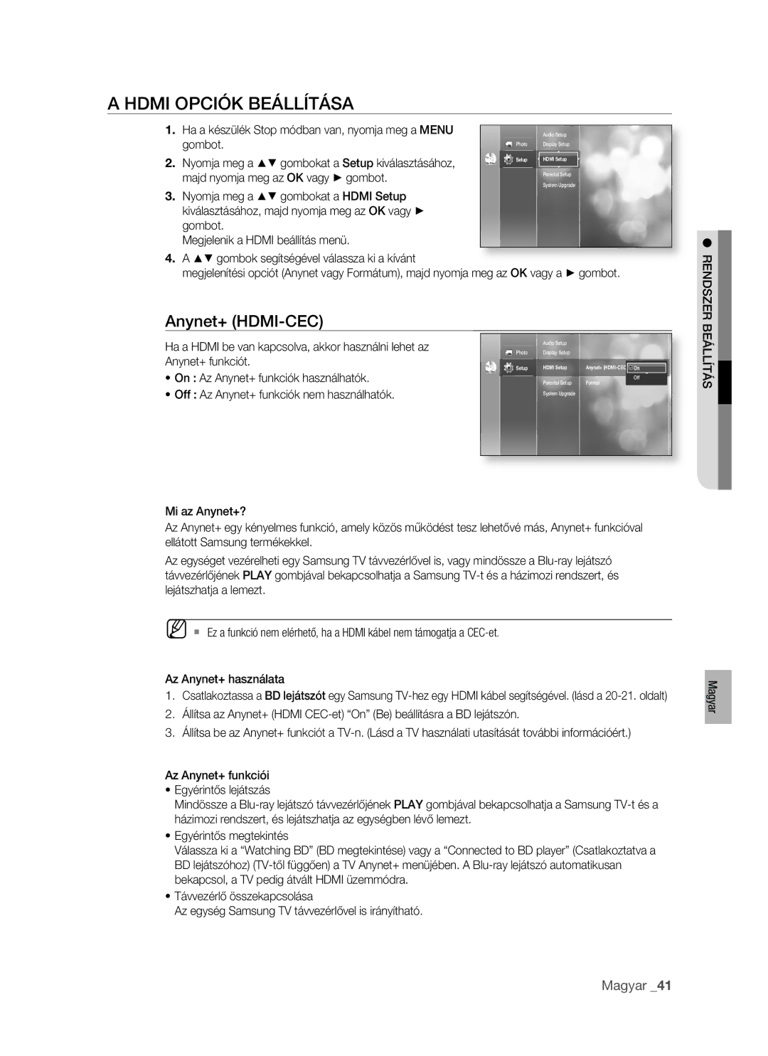 Samsung BD-P1400/AUS, BD-P1400/XEG, BD-P1400/XET, BD-P1400/XEH manual Hdmi Opciók Beállítása, Anynet+ HDMI-CEC 