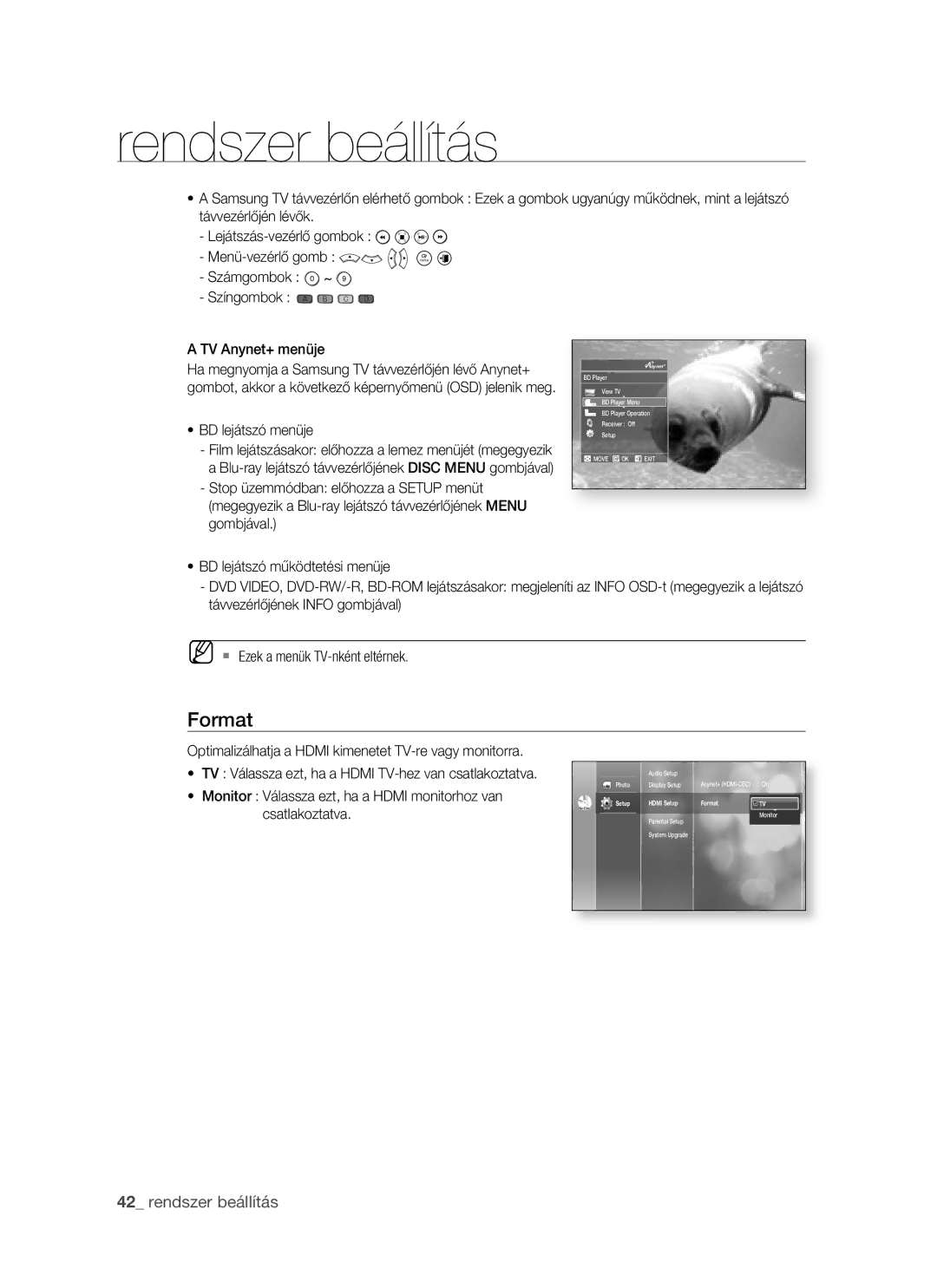 Samsung BD-P1400/XET manual Format, Menü-vezérlő gomb Számgombok Színgombok a B C D, TV Anynet+ menüje, BD lejátszó menüje 