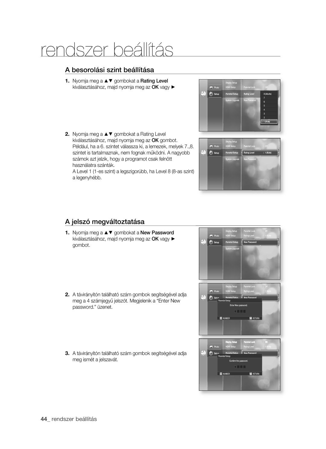 Samsung BD-P1400/XEG, BD-P1400/AUS, BD-P1400/XET, BD-P1400/XEH manual Besorolási szint beállítása, Jelszó megváltoztatása 