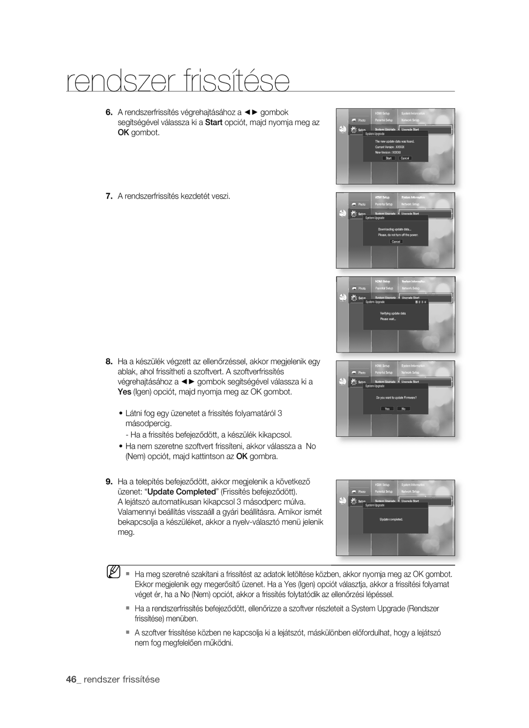 Samsung BD-P1400/XET, BD-P1400/XEG, BD-P1400/AUS, BD-P1400/XEH manual Rendszer frissítése 