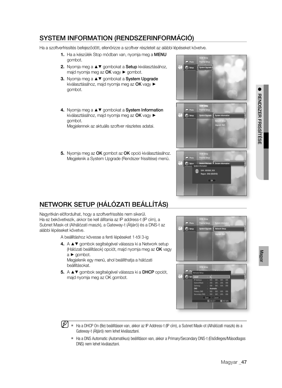 Samsung BD-P1400/XEH manual System Information Rendszerinformáció, Network Setup Hálózati Beállítás, Rendszer Frissítése 