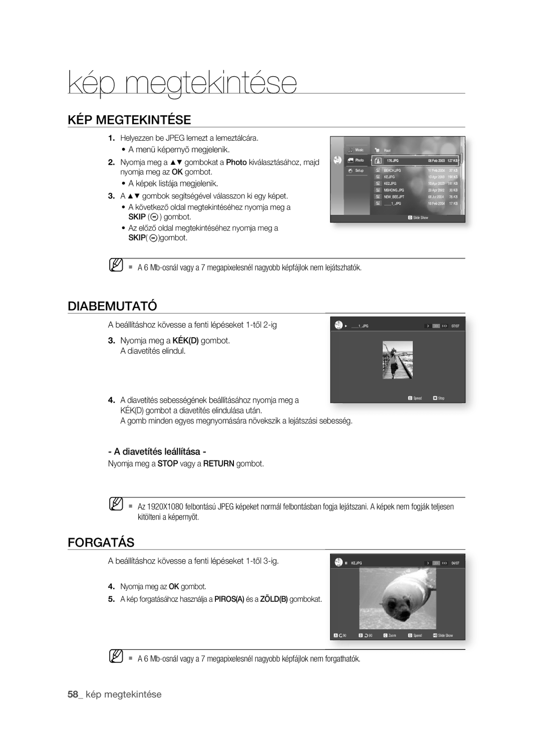 Samsung BD-P1400/XET, BD-P1400/XEG Kép megtekintése, KÉP Megtekintése, Diabemutató, Forgatás, Képek listája megjelenik 