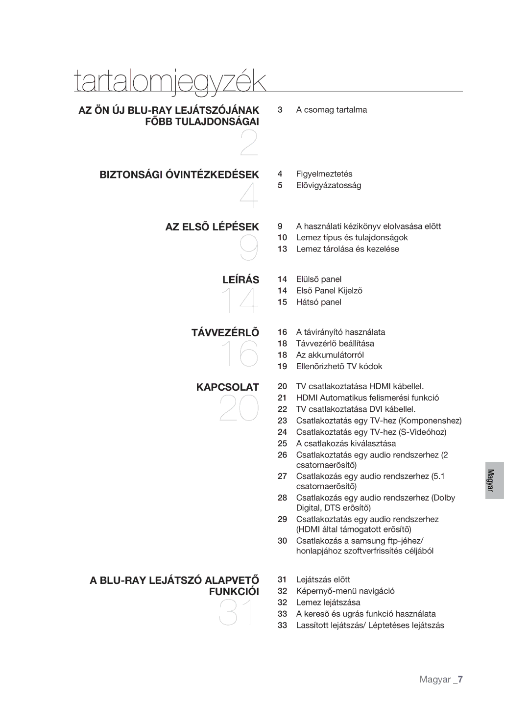 Samsung BD-P1400/XEH, BD-P1400/XEG, BD-P1400/AUS, BD-P1400/XET manual Tartalomjegyzék 