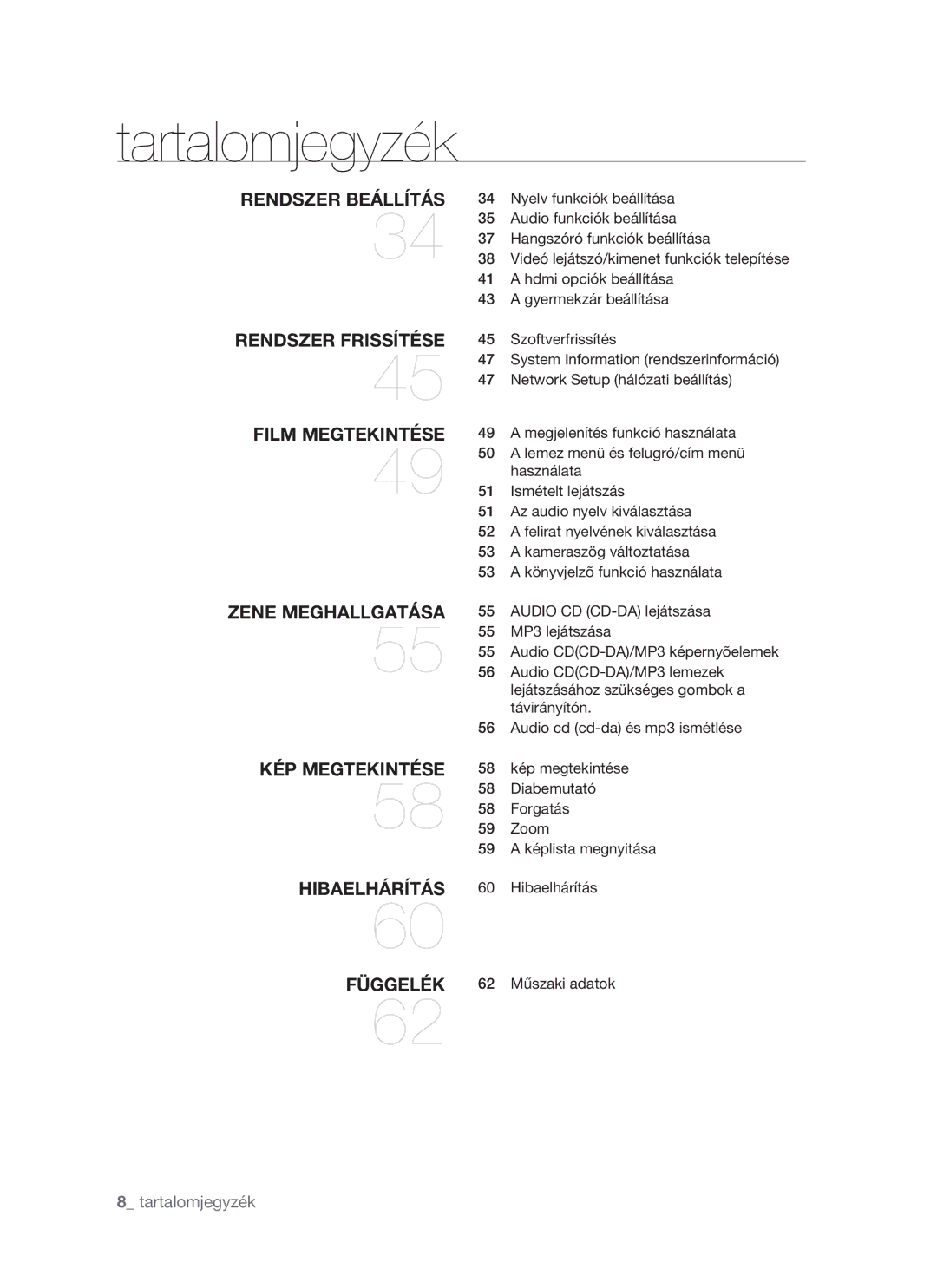 Samsung BD-P1400/XEG, BD-P1400/AUS, BD-P1400/XET, BD-P1400/XEH manual Tartalomjegyzék 