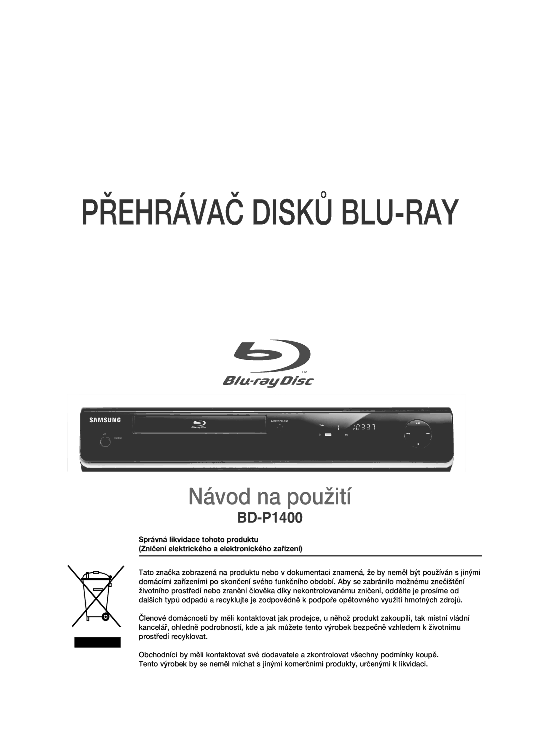 Samsung BD-P1400/XEH manual Přehrávač Disků BLU-RAY 