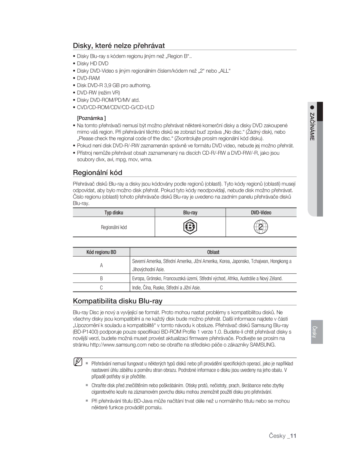 Samsung BD-P1400/XEH manual Disky, které nelze přehrávat, Regionální kód, Kompatibilita disku Blu-ray, Dvd-Ram 