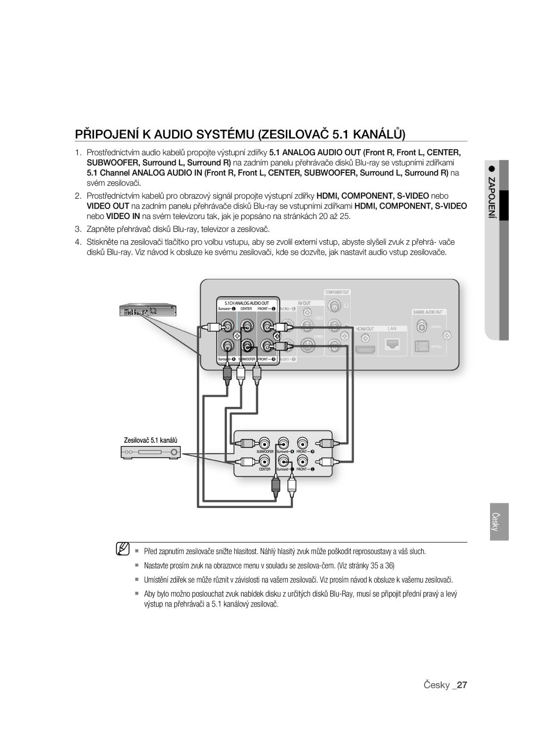 Samsung BD-P1400/XEH manual Připojení K Audio Systému Zesilovač 5.1 Kanálů 