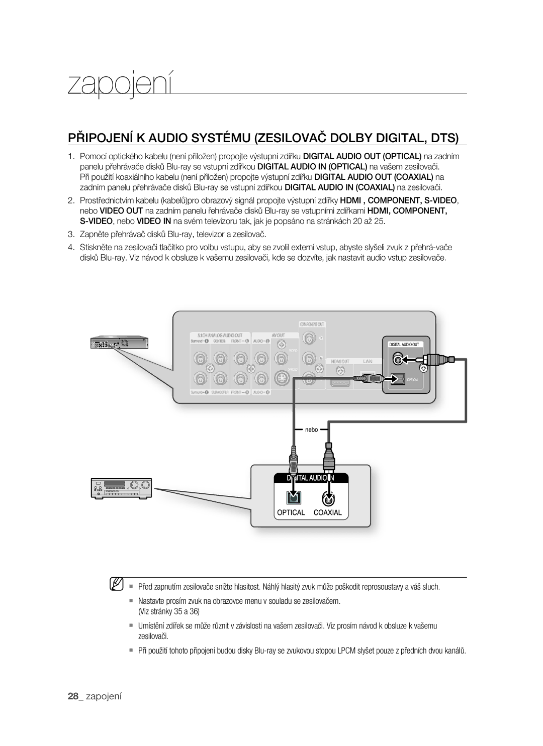 Samsung BD-P1400/XEH manual Připojení K Audio Systému Zesilovač Dolby DIGITAL, DTS 