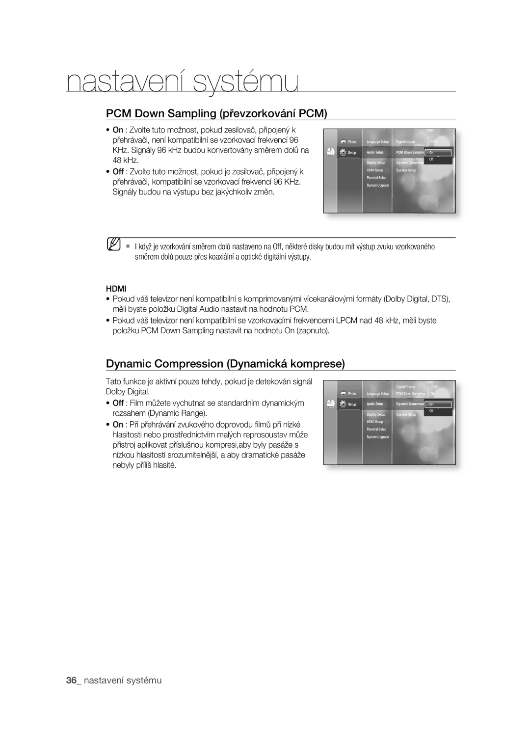 Samsung BD-P1400/XEH manual PCM Down Sampling převzorkování PCM, Dynamic Compression Dynamická komprese 