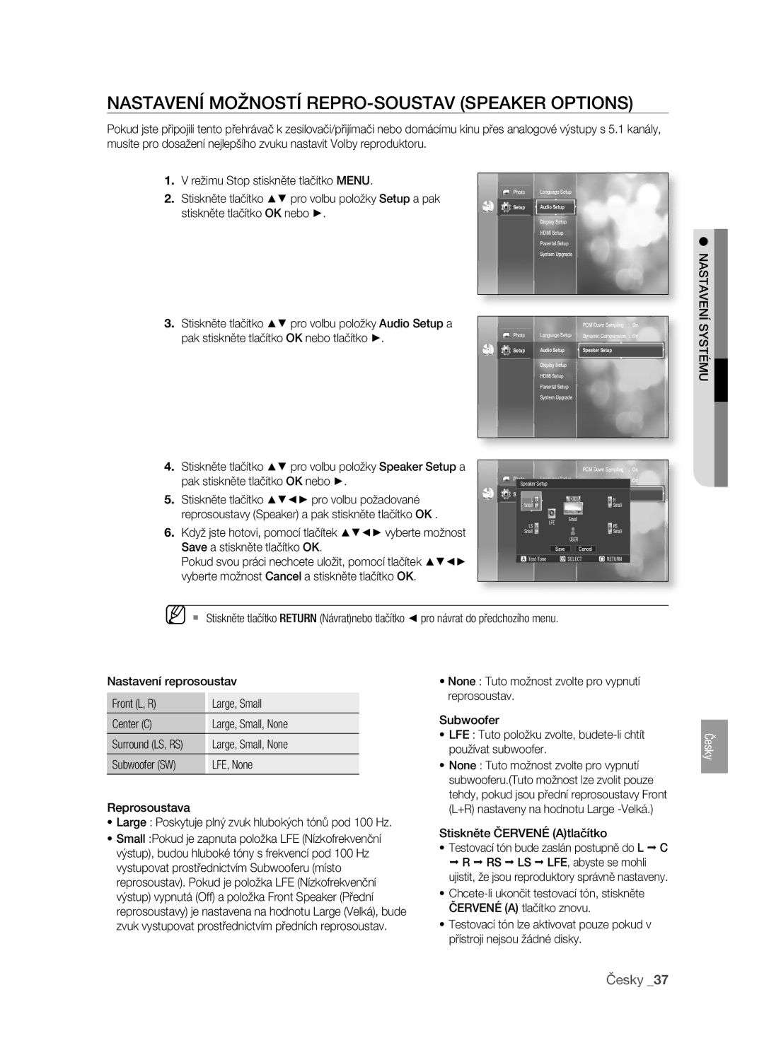 Samsung BD-P1400/XEH manual Nastavení Možností REPRO-SOUSTAV Speaker Options 