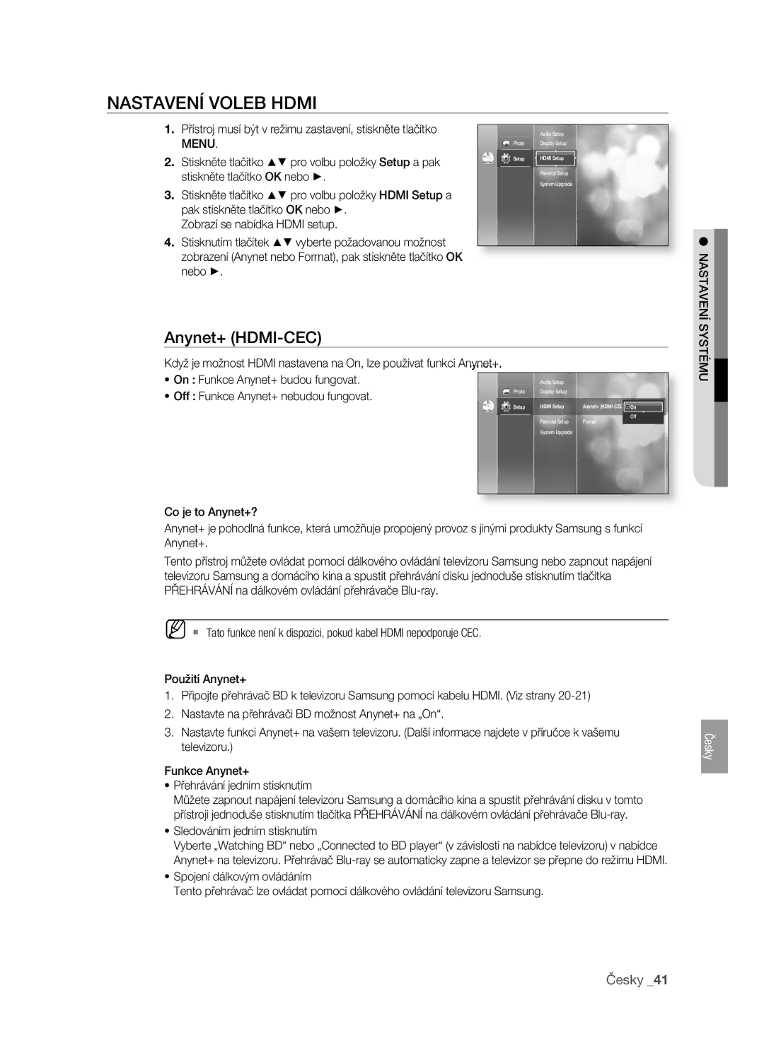 Samsung BD-P1400/XEH manual Nastavení Voleb Hdmi, Anynet+ HDMI-CEC, Menu 