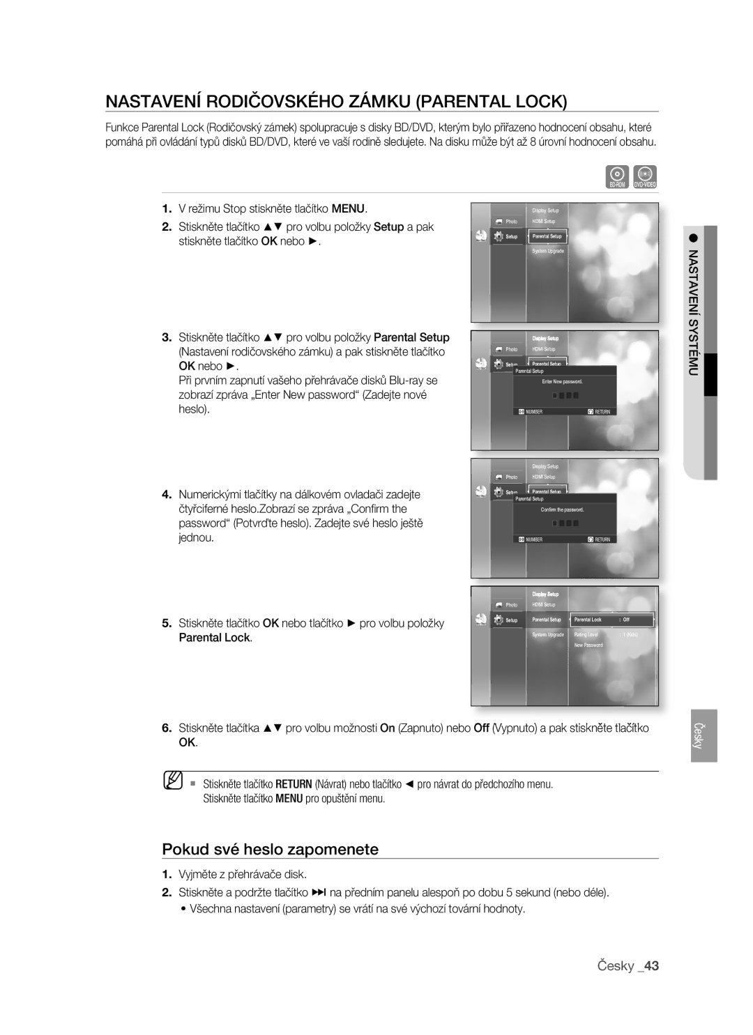 Samsung BD-P1400/XEH manual Nastavení Rodičovského Zámku Parental Lock, Pokud své heslo zapomenete, Systému 