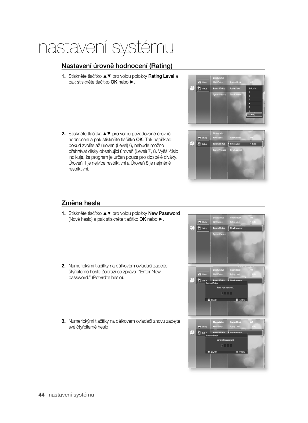 Samsung BD-P1400/XEH manual Nastavení úrovně hodnocení Rating, Změna hesla 