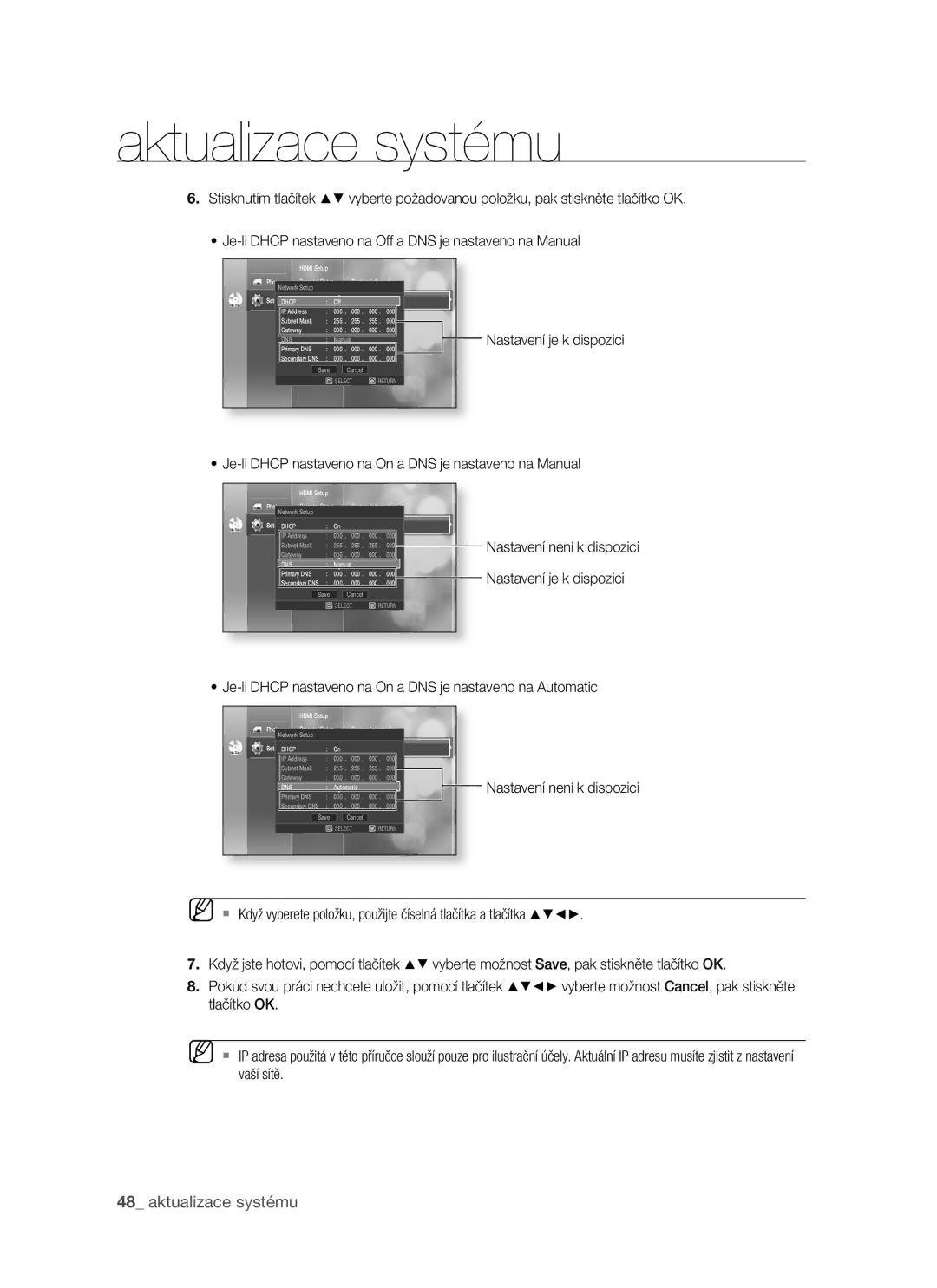 Samsung BD-P1400/XEH manual Je-li Dhcp nastaveno na On a DNS je nastaveno na Manual 