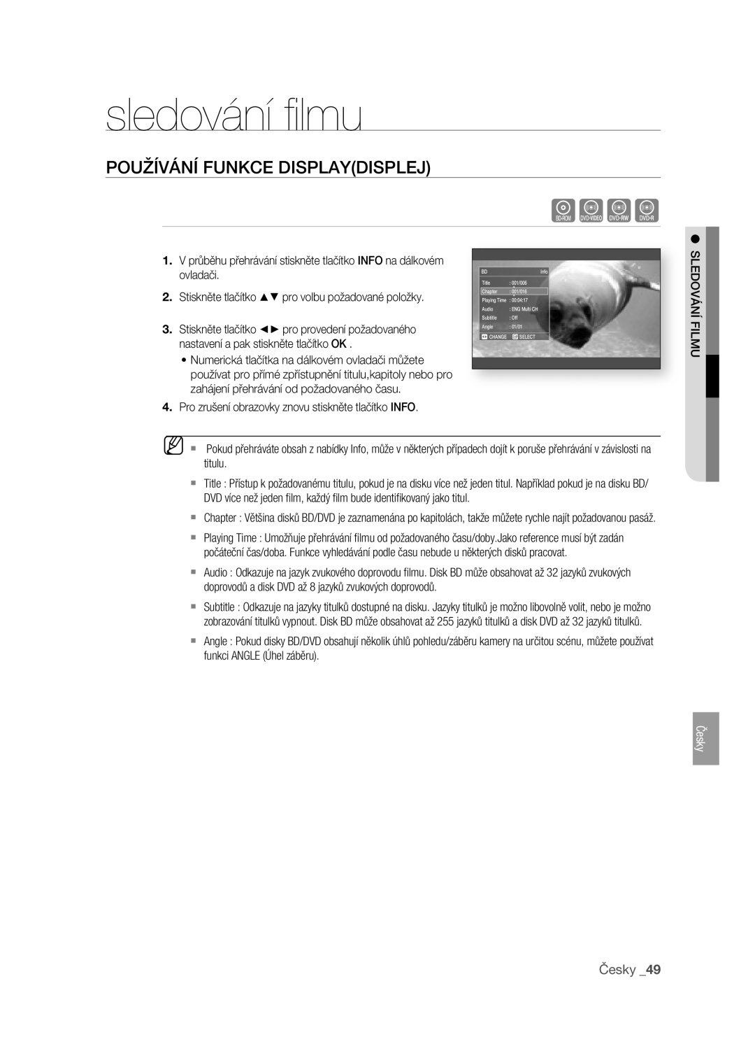 Samsung BD-P1400/XEH manual Sledování ﬁlmu, Používání Funkce Displaydisplej, Sledování Filmu 