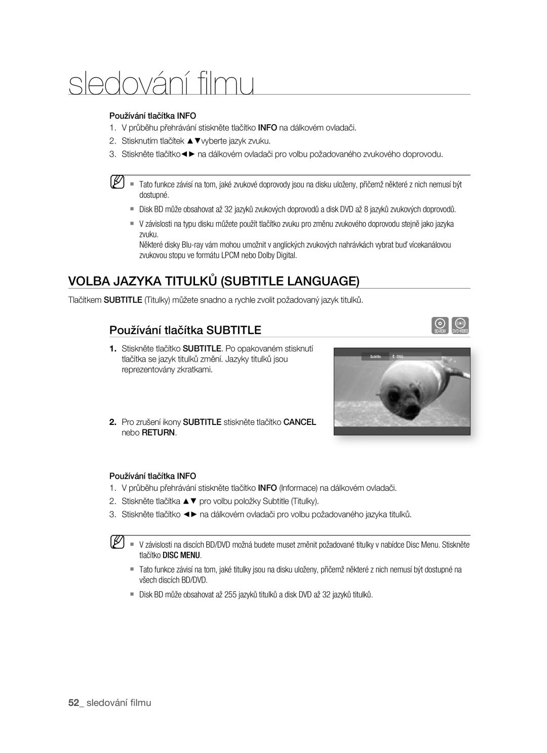 Samsung BD-P1400/XEH manual Volba Jazyka Titulků Subtitle Language, Používání tlačítka Subtitle 