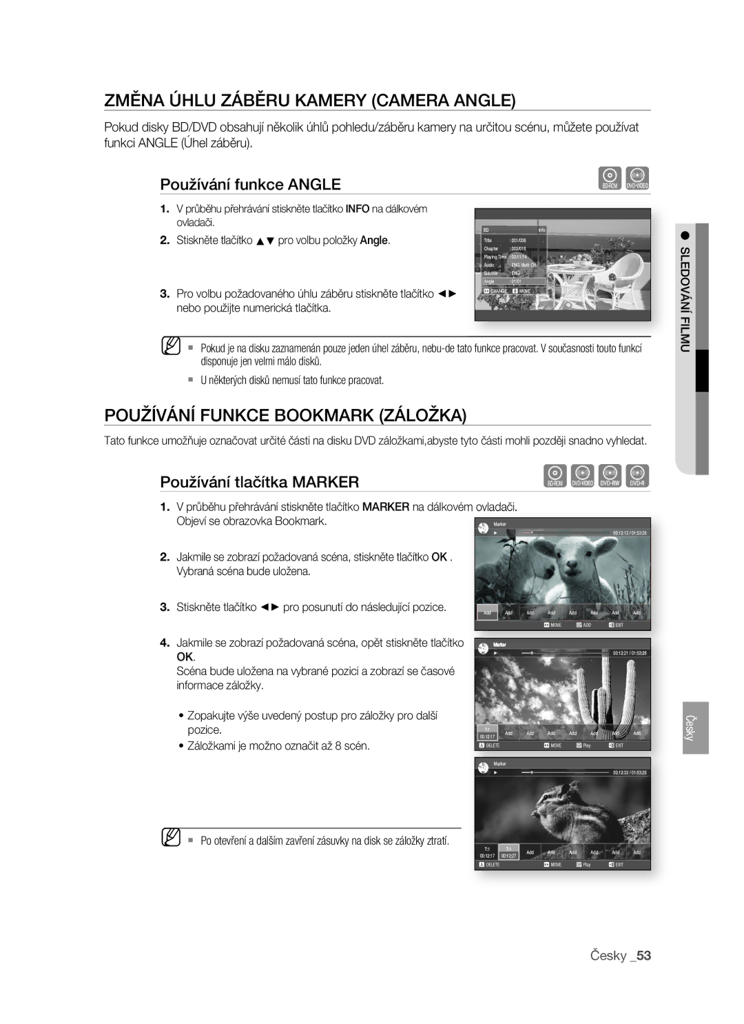 Samsung BD-P1400/XEH Změna Úhlu Záběru Kamery Camera Angle, Používání Funkce Bookmark Záložka, Používání funkce Angle 