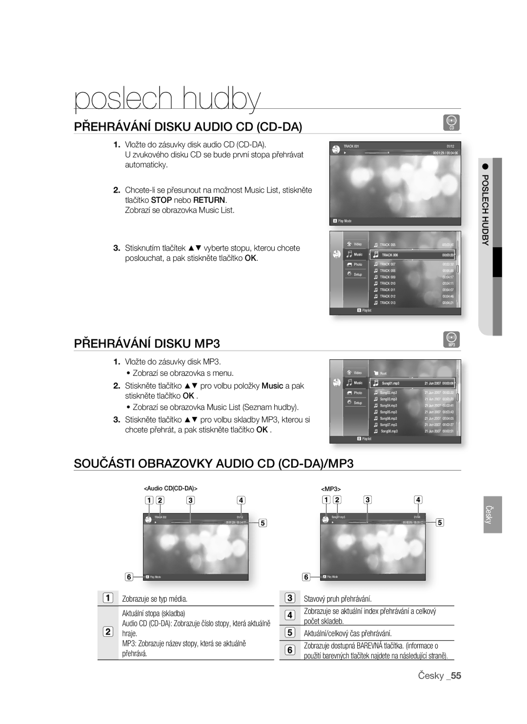 Samsung BD-P1400/XEH manual Poslech hudby, Přehrávání Disku Audio CD CD-DA, Přehrávání Disku MP3, Poslech Hudby 