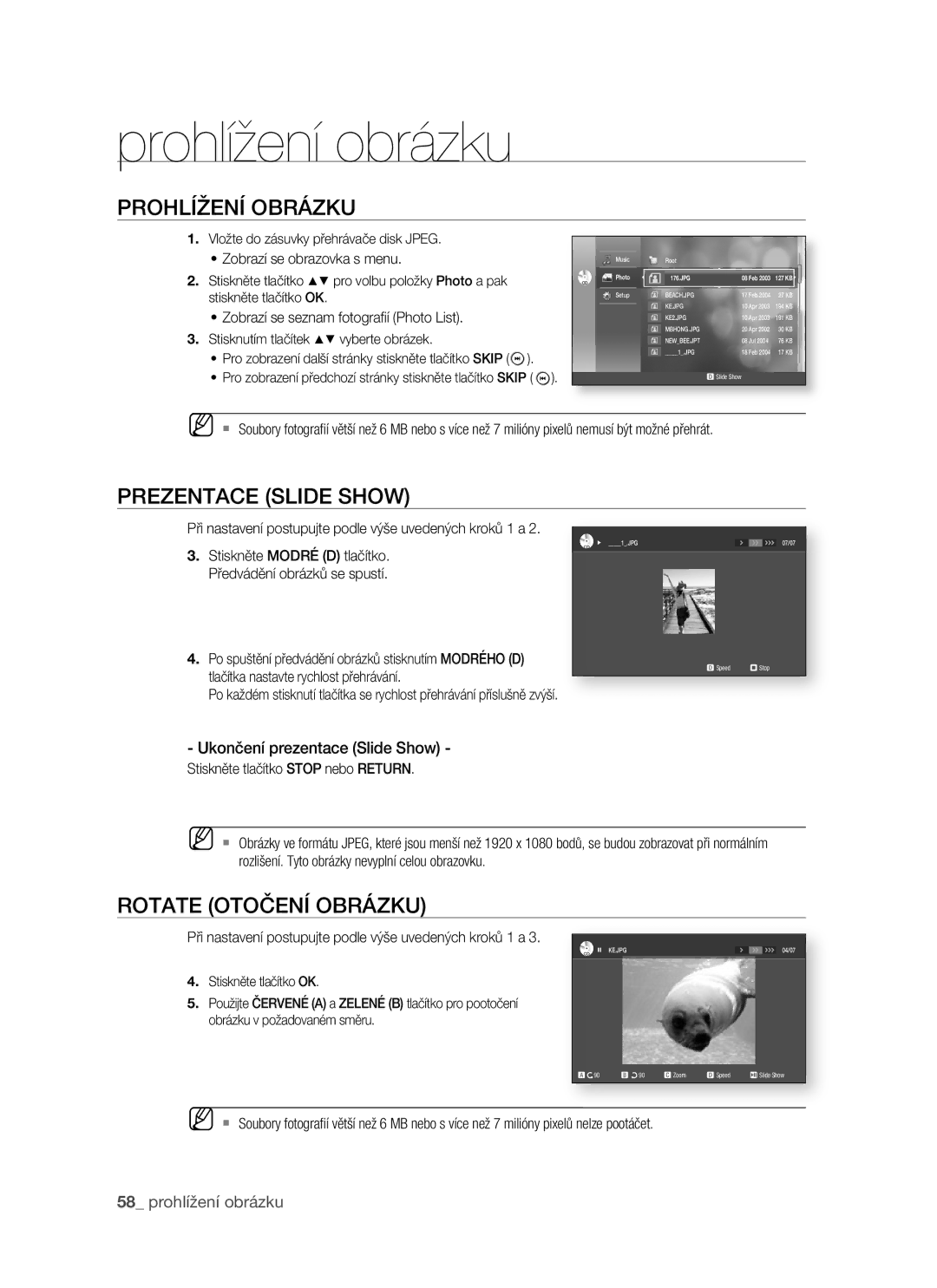 Samsung BD-P1400/XEH manual Prohlížení obrázku, Prohlížení Obrázku, Prezentace Slide Show, Rotate Otočení Obrázku 