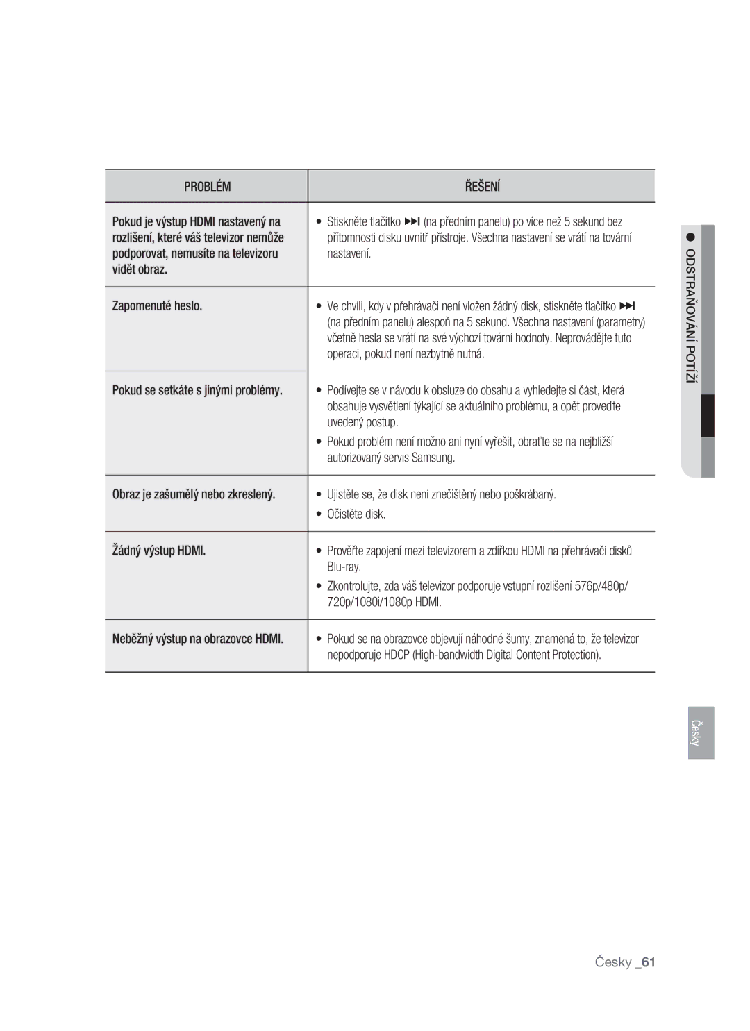 Samsung BD-P1400/XEH manual Odstraňování Potíží 