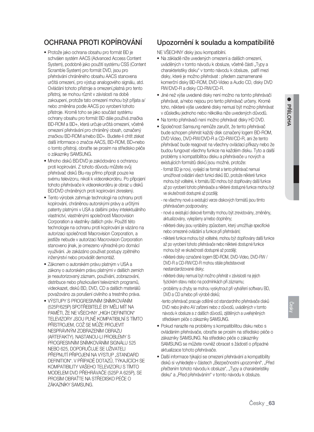 Samsung BD-P1400/XEH manual Ochrana Proti Kopírování, NE Všechny disky jsou kompatibilní, Příloha 