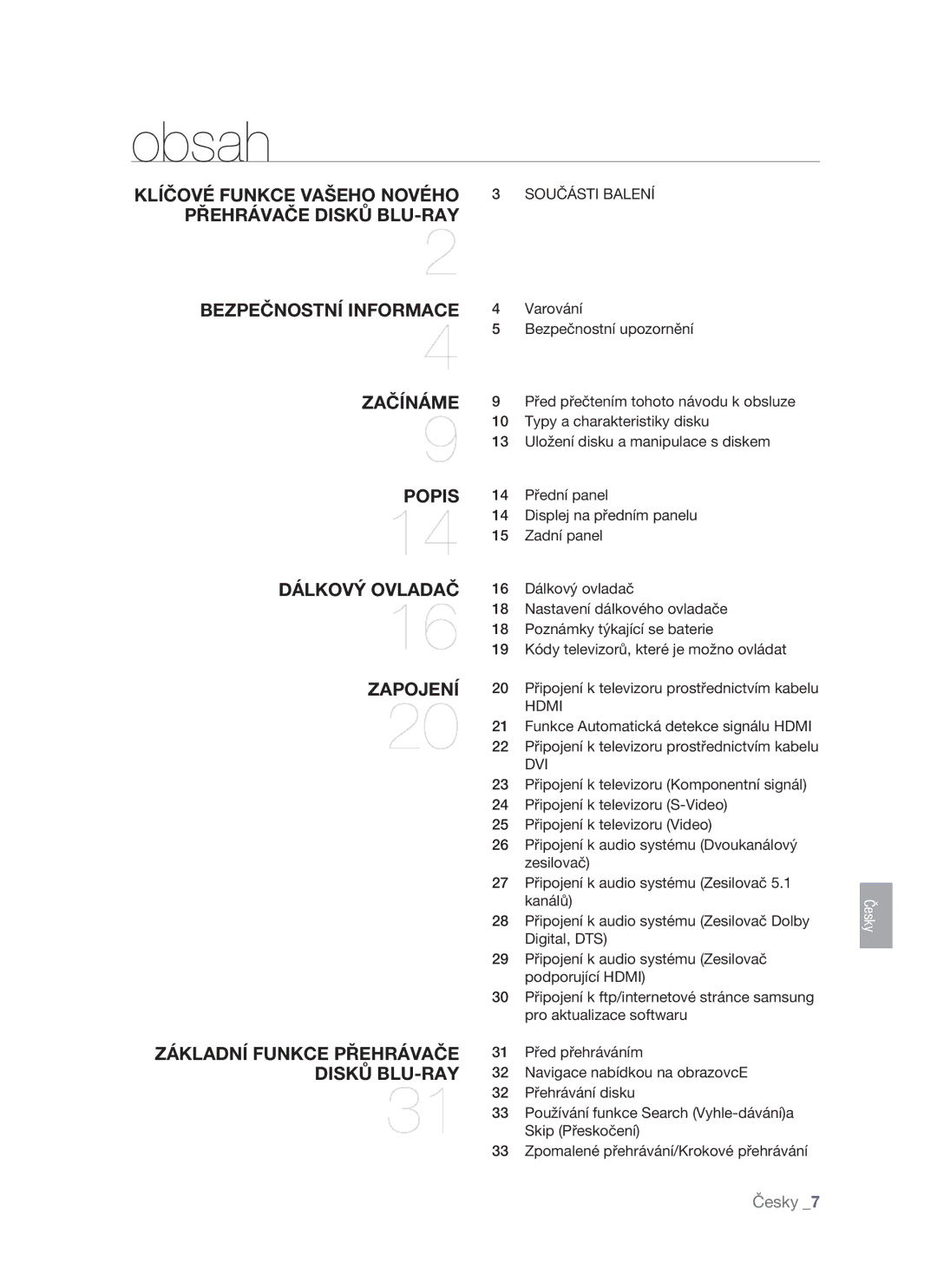 Samsung BD-P1400/XEH manual Obsah, Součásti Balení, Hdmi, Dvi 