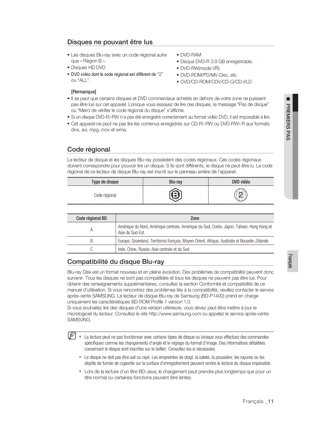 Samsung BD-P1400/XEL manual Disques ne pouvant être lus, Code régional, Compatibilité du disque Blu-ray 