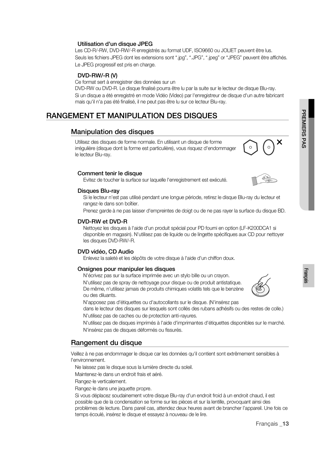 Samsung BD-P1400/XEL manual Rangement ET Manipulation DES Disques, Manipulation des disques, Rangement du disque 