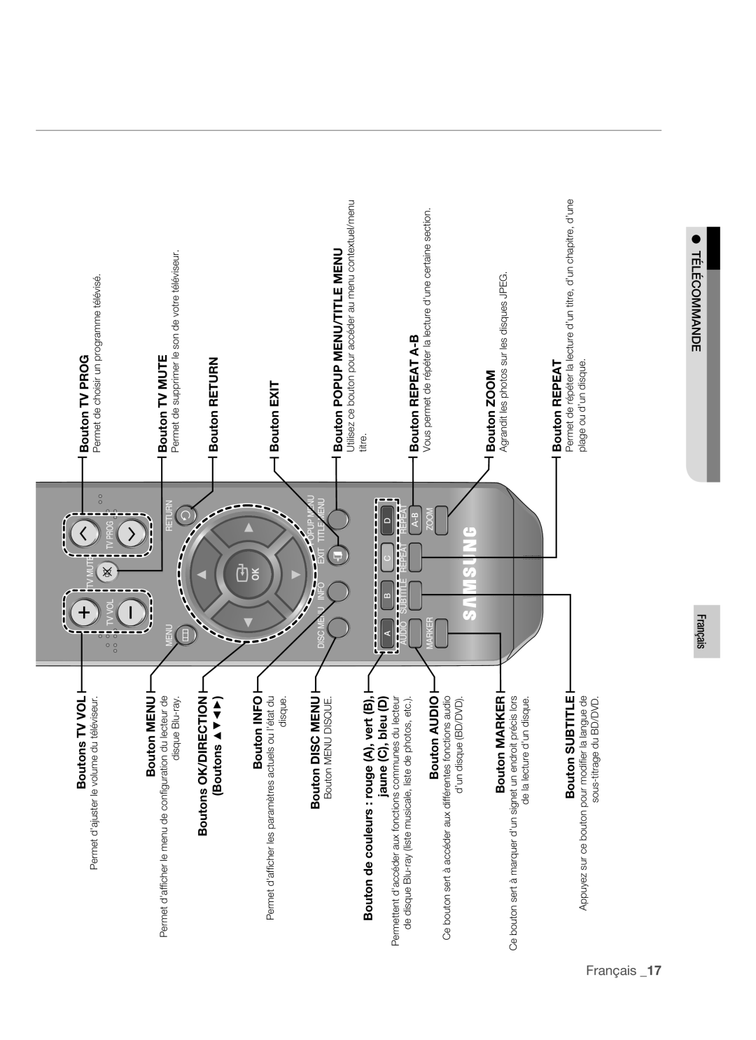 Samsung BD-P1400/XEL manual Bouton Menu, Télécommande 