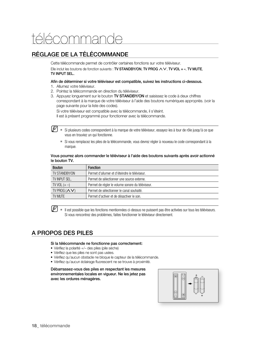 Samsung BD-P1400/XEL manual Réglage DE LA Télécommande, Propos DES Piles 