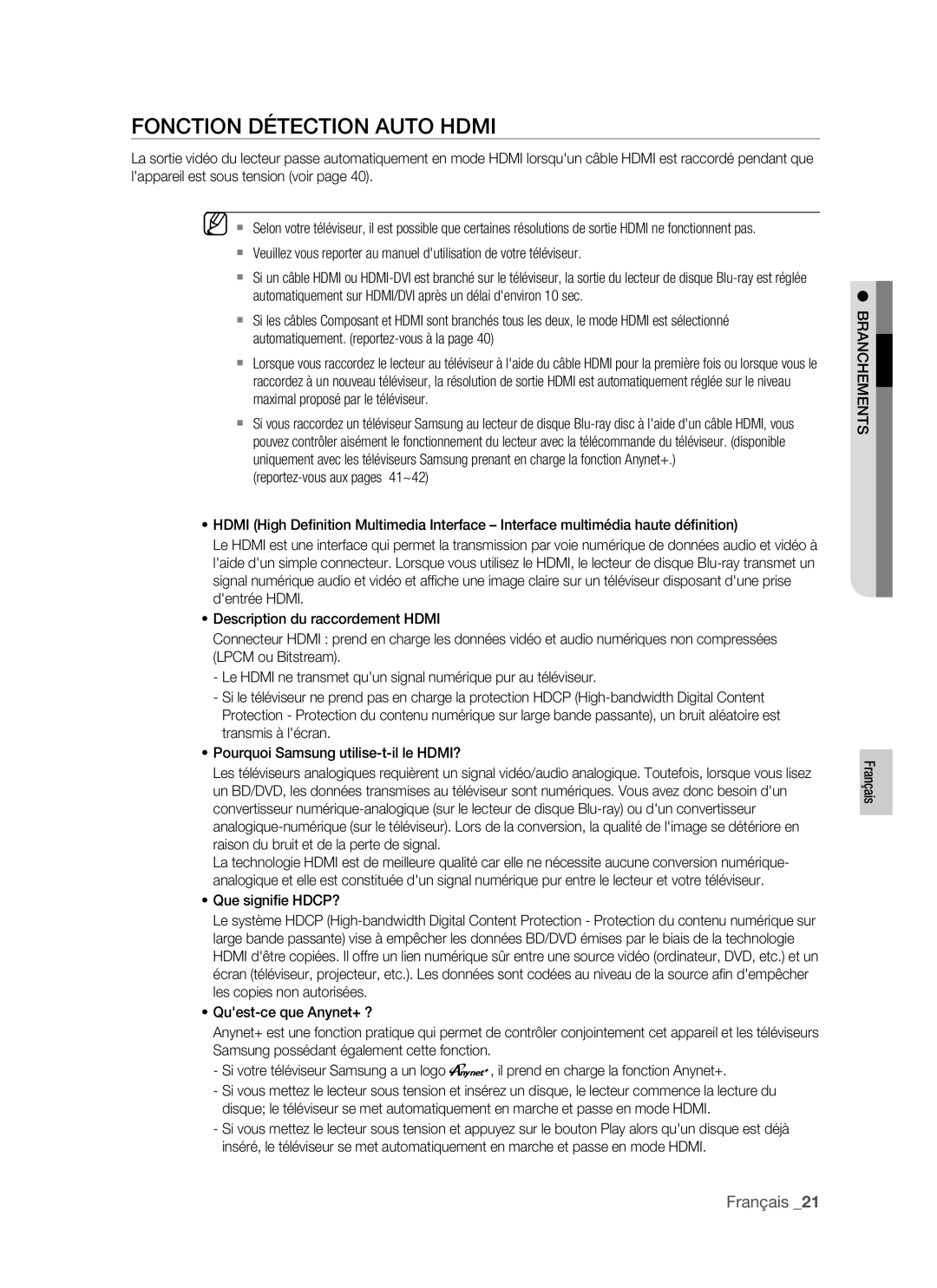 Samsung BD-P1400/XEL manual Fonction Détection Auto Hdmi, Branchements 