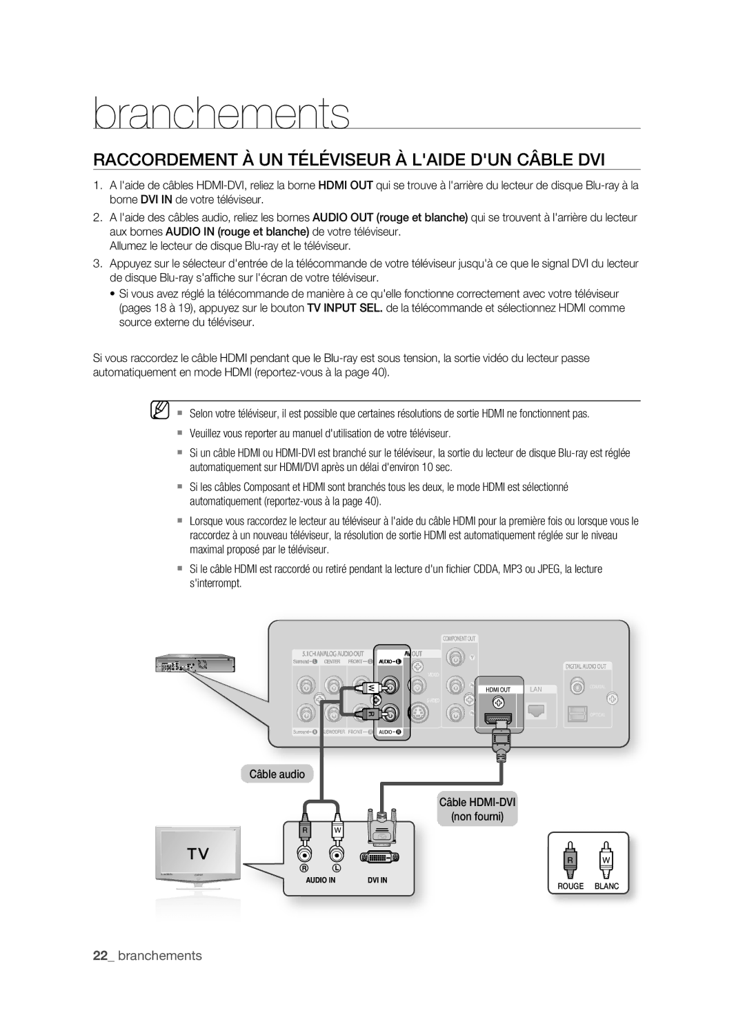 Samsung BD-P1400/XEL manual Raccordement À UN Téléviseur À Laide DUN Câble DVI 