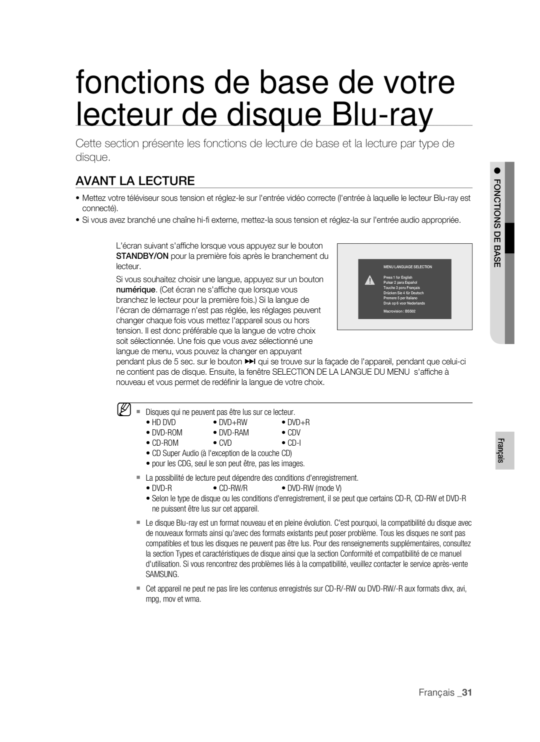 Samsung BD-P1400/XEL manual Avant LA Lecture, Hd Dvd Dvd+Rw, Dvd-Rom Dvd-Ram Cdv Cd-Rom Cvd, Fonctions DE Base 