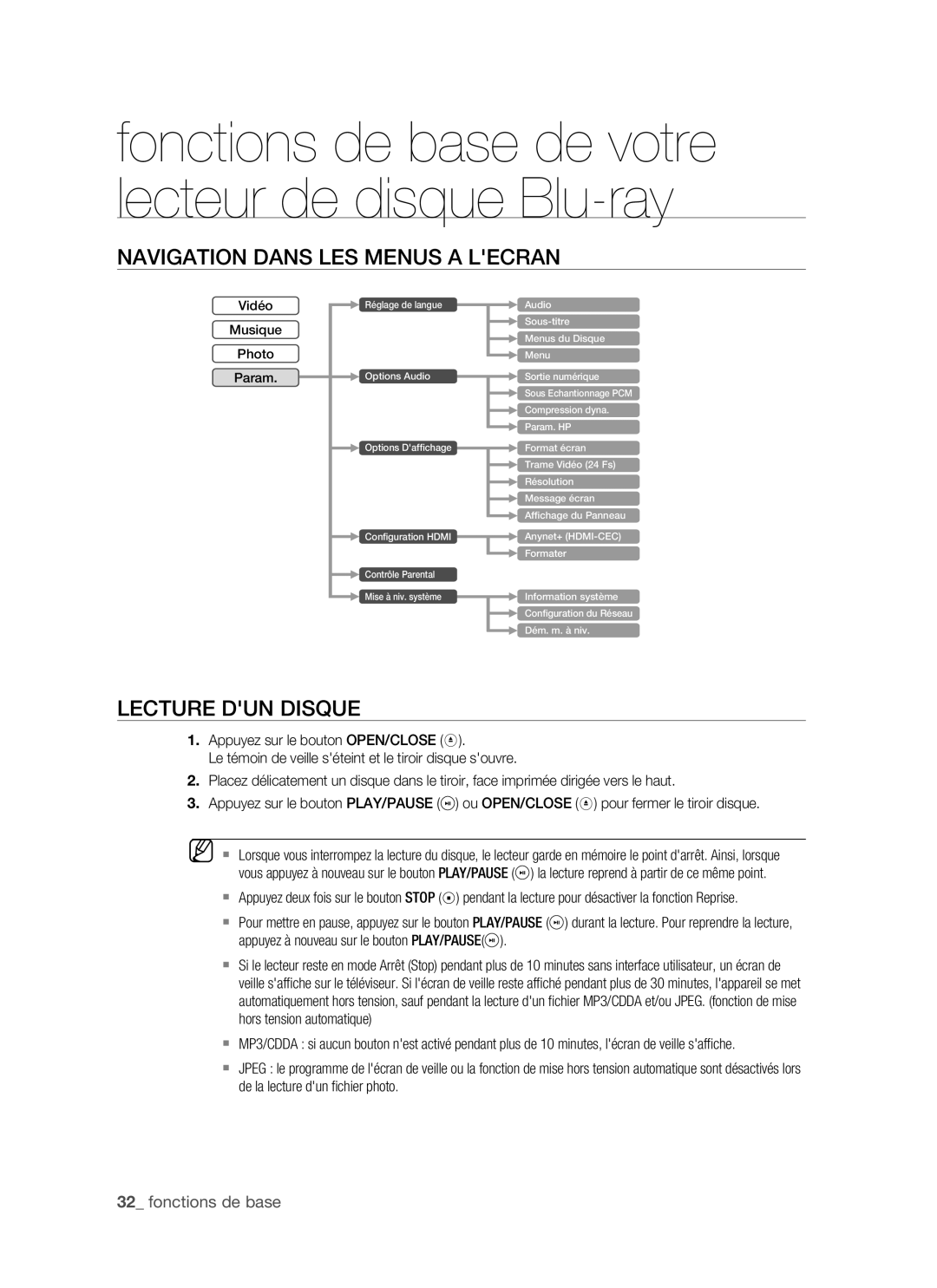 Samsung BD-P1400/XEL manual Navigation Dans LES Menus a Lecran, Lecture DUN Disque 