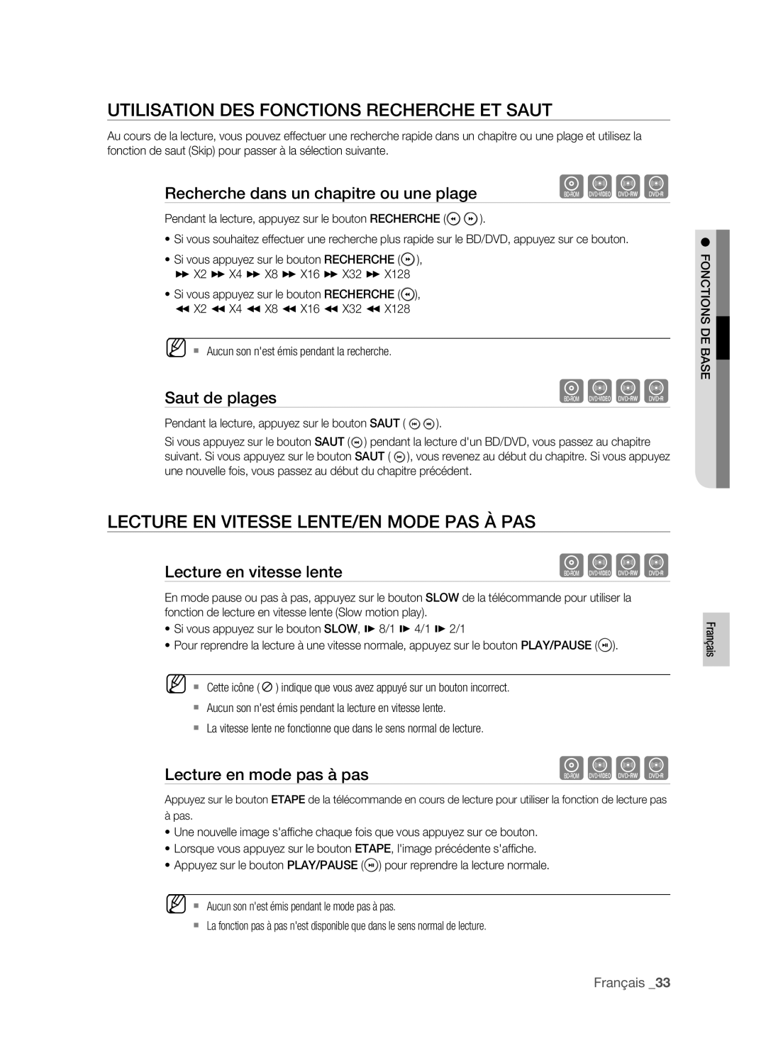 Samsung BD-P1400/XEL manual Utilisation DES Fonctions Recherche ET Saut, Lecture EN Vitesse LENTE/EN Mode PAS À PAS 