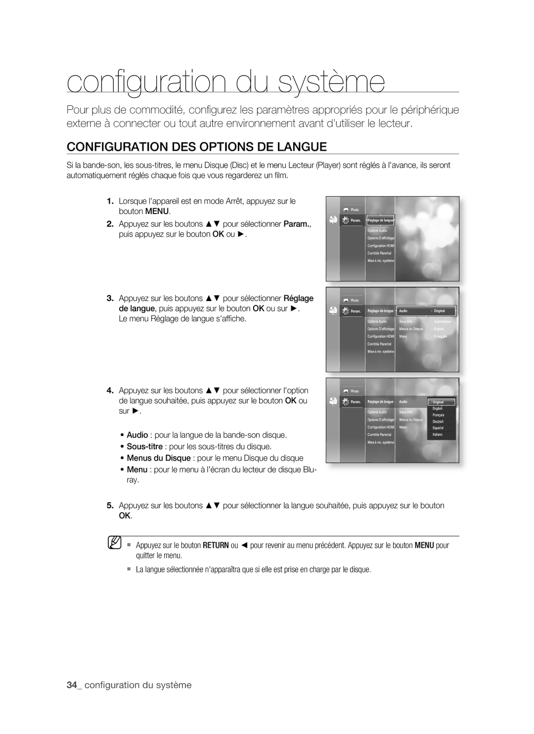 Samsung BD-P1400/XEL Conﬁ guration du système, Configuration DES Options DE Langue, Le menu Réglage de langue safﬁche 