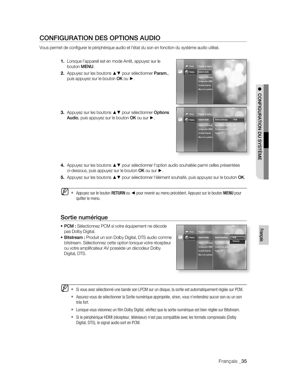 Samsung BD-P1400/XEL manual Configuration DES Options Audio, Sortie numérique, Configuration DU Système 