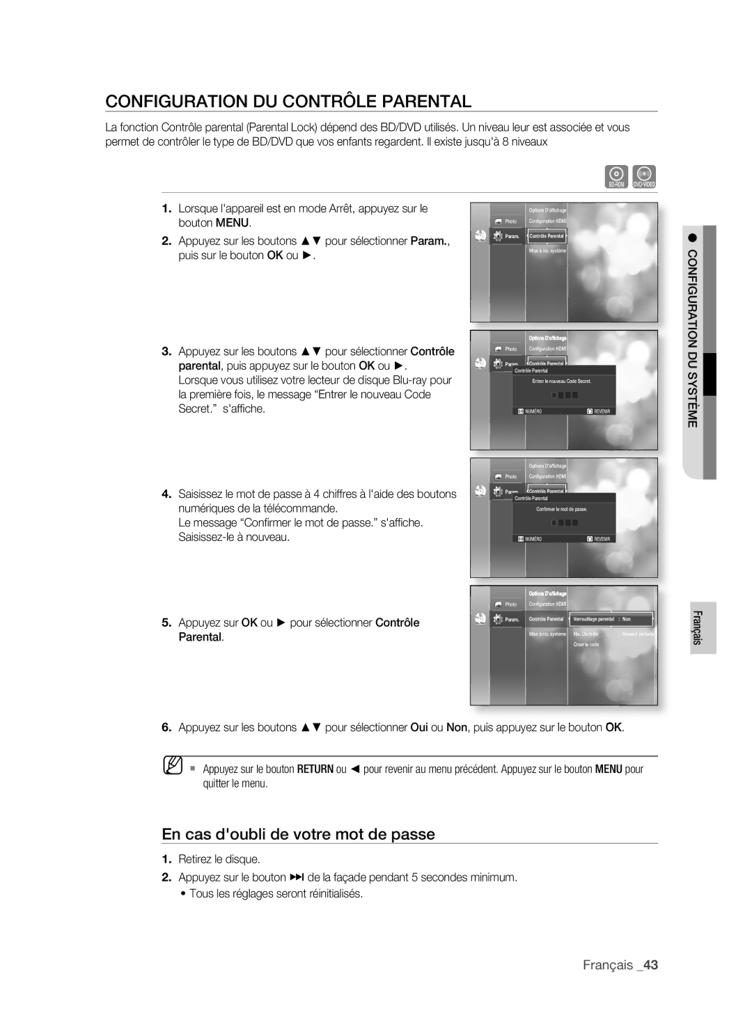 Samsung BD-P1400/XEL Configuration DU Contrôle Parental, En cas doubli de votre mot de passe, Param. Contrôle Parental 