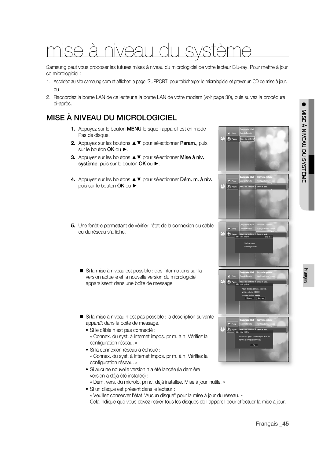 Samsung BD-P1400/XEL manual Mise à niveau du système, Mise À Niveau DU Micrologiciel, Ou du réseau safﬁche 