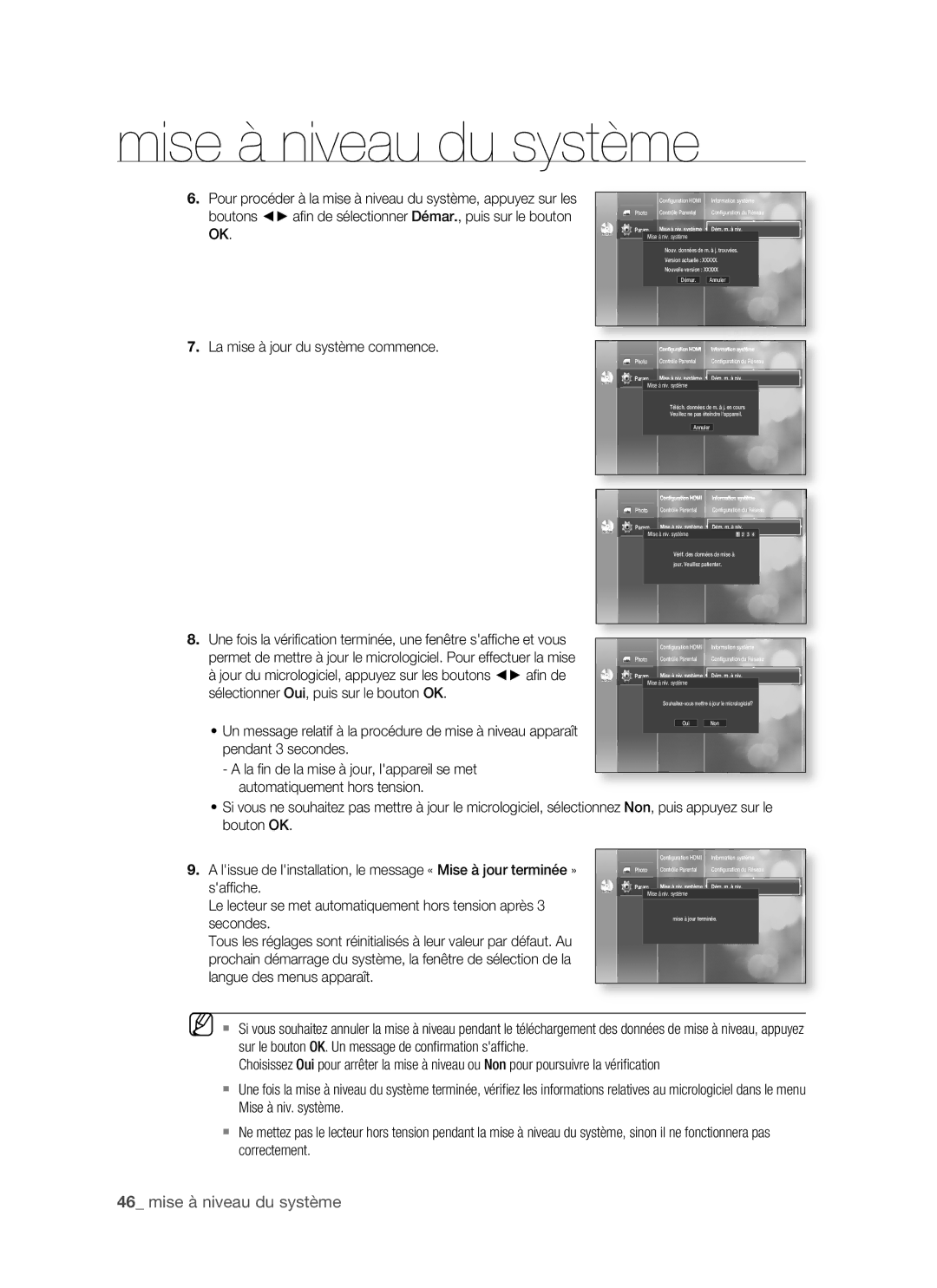 Samsung BD-P1400/XEL manual Safﬁche, Langue des menus apparaît 